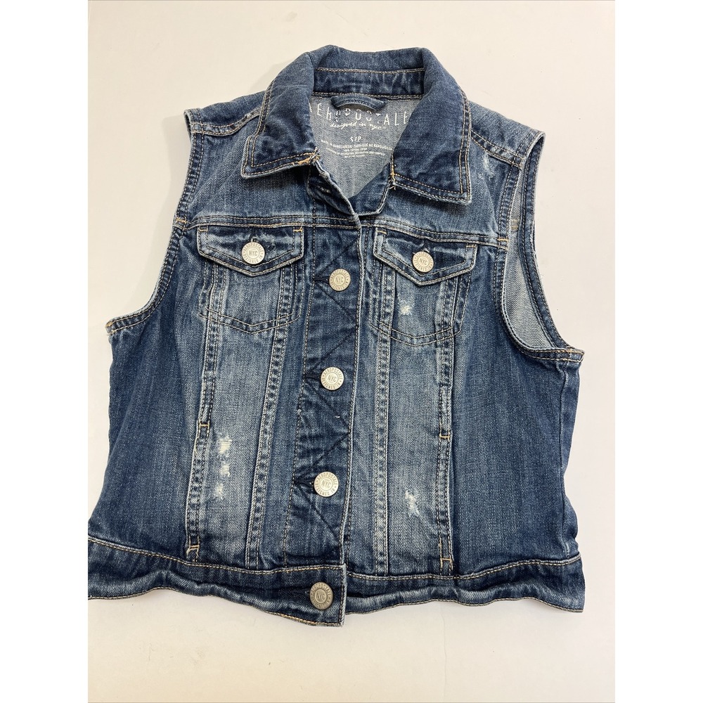 Aeropostale Vintage Distressed Denim Vest Blue Cotton Cropped Junior Petite S